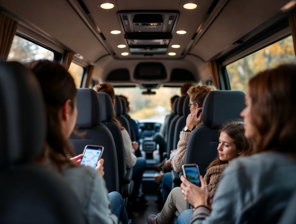 2C – Relaxed group inside between stops-How to Plan an All-Day Luxury Sprinter Van Charter (Without the Stress)