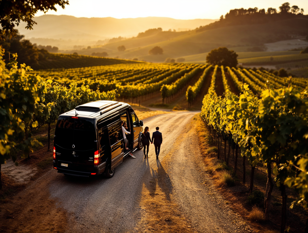 4A – Sprinter at vineyard entrance-Planning a Wine-Tasting Day in a Chauffeured Sprinter Van: Safety, Comfort, and Fun