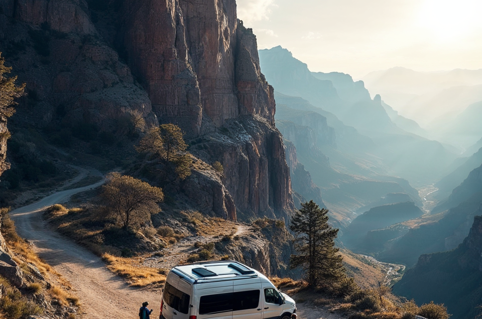 8A – Sprinter van at scenic overlook / canyon-National Park & Scenic Canyon Road Trips: Why a Chauffeured Sprinter Van Is the Best Basecamp